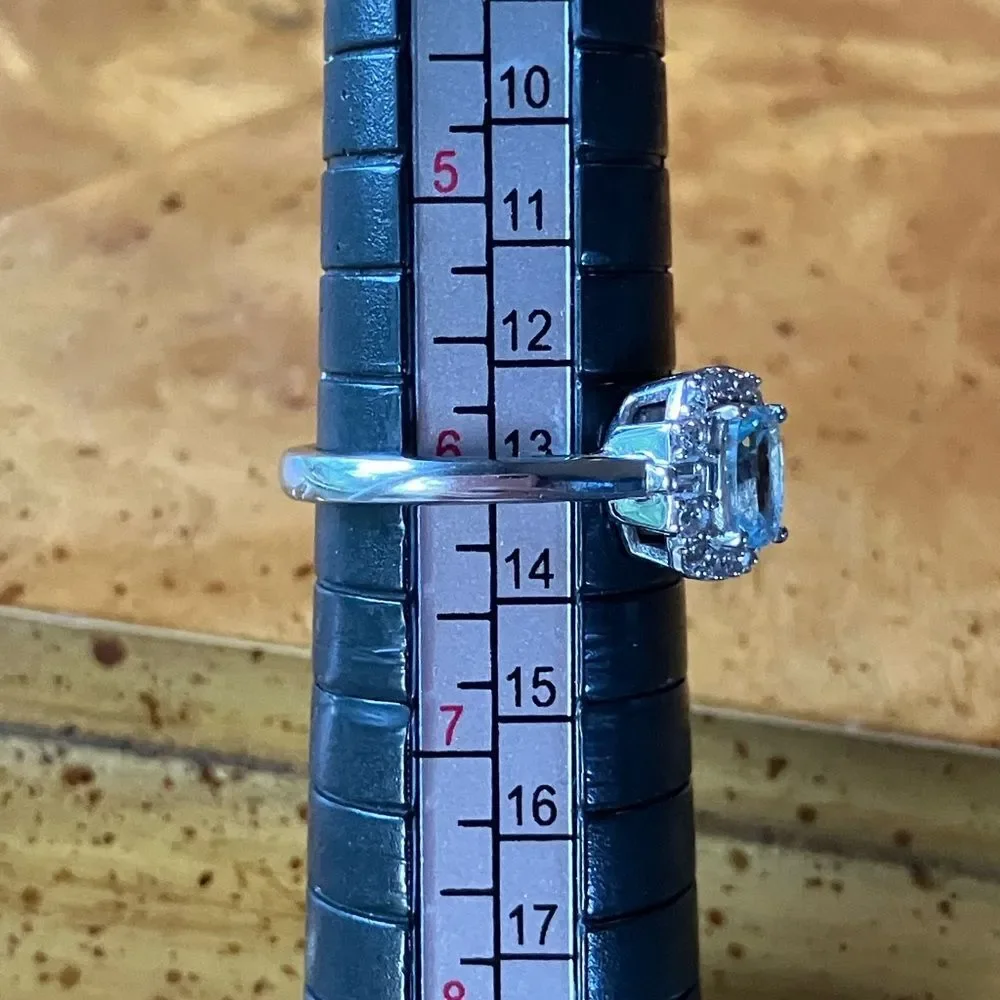 Natural Aquamarine Sterling Silver Halo Ring Size 6
